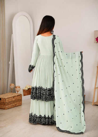 Beautiful Soft Rich Premium Faux Georgette With Thread Embroidery Work Plazzo Suit Set