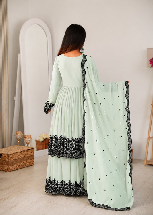 Beautiful Soft Rich Premium Faux Georgette With Thread Embroidery Work Plazzo Suit Set