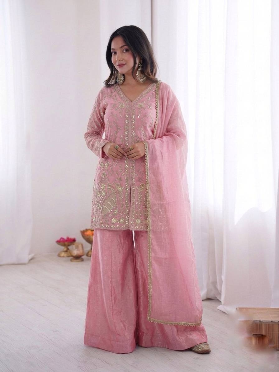 Beautiful Soft Rich Pure Fendy Silk Embroidery Sequence Work Plazzo Set