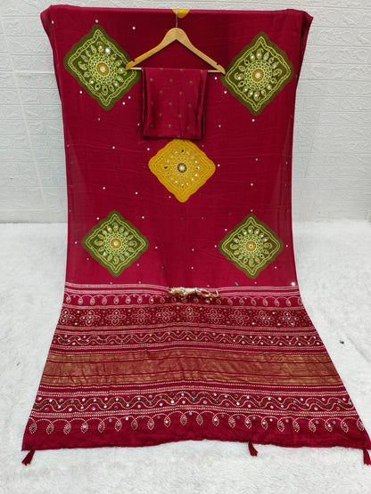 Beautiful Soft Rich Premium Japan Satin Silk With Mirror Work Saree