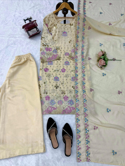 Vichitra Silk Embroidered Plazzo Suit Set