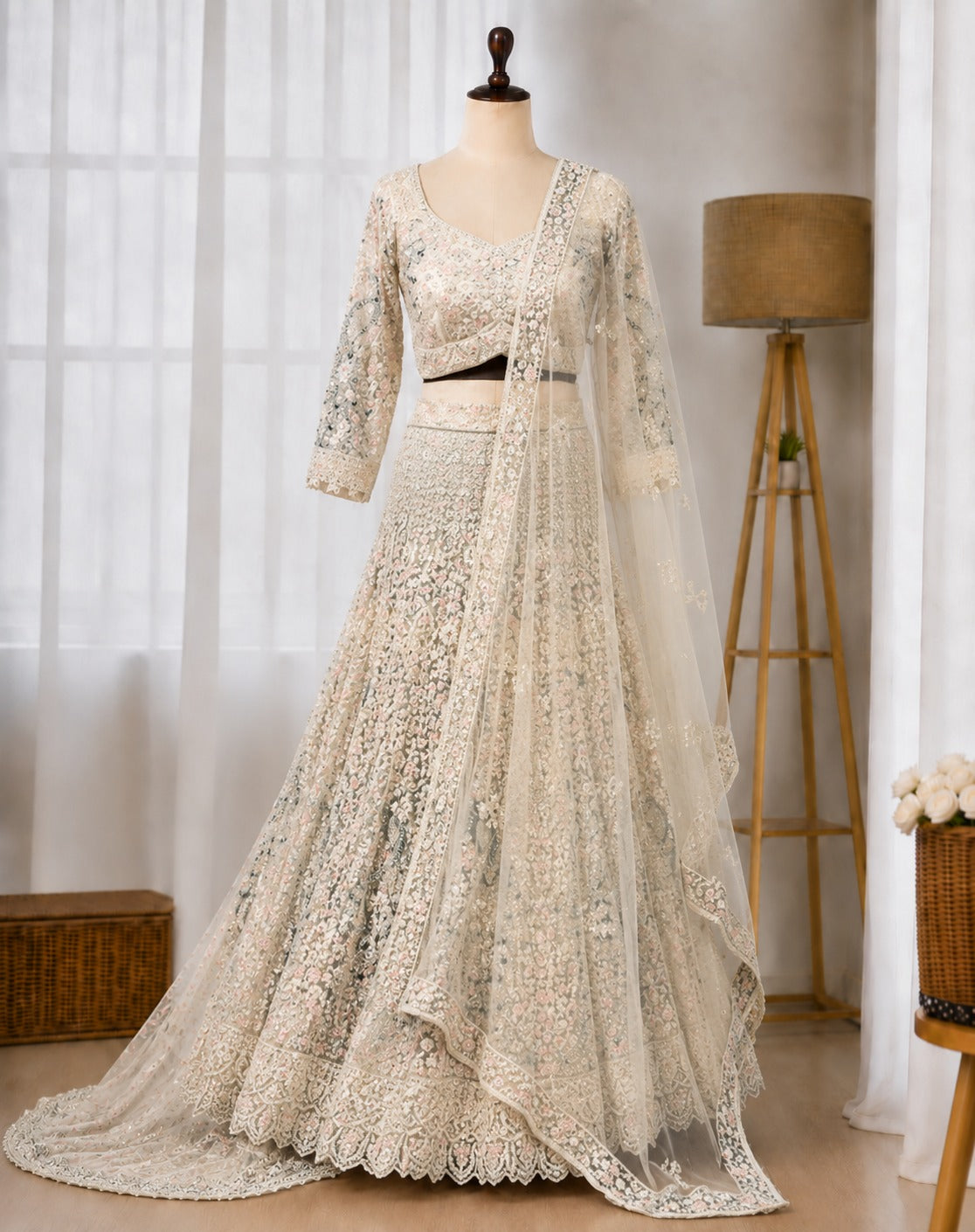 PREMIUM BUTTERFLY NET EMBELLISHED WITH SANDWICH SEQUENCE WORK WEDDING LEHENGA CHOLI