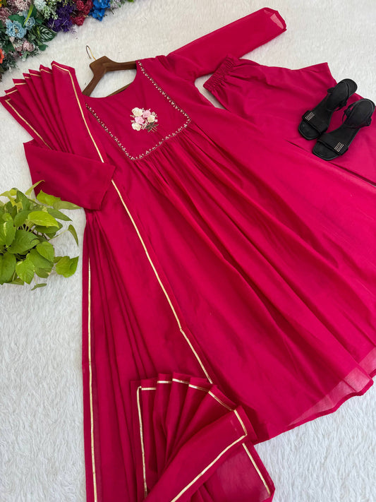 Beautifull Red Color Viscos With Heavy Butter Cotton Work Gown