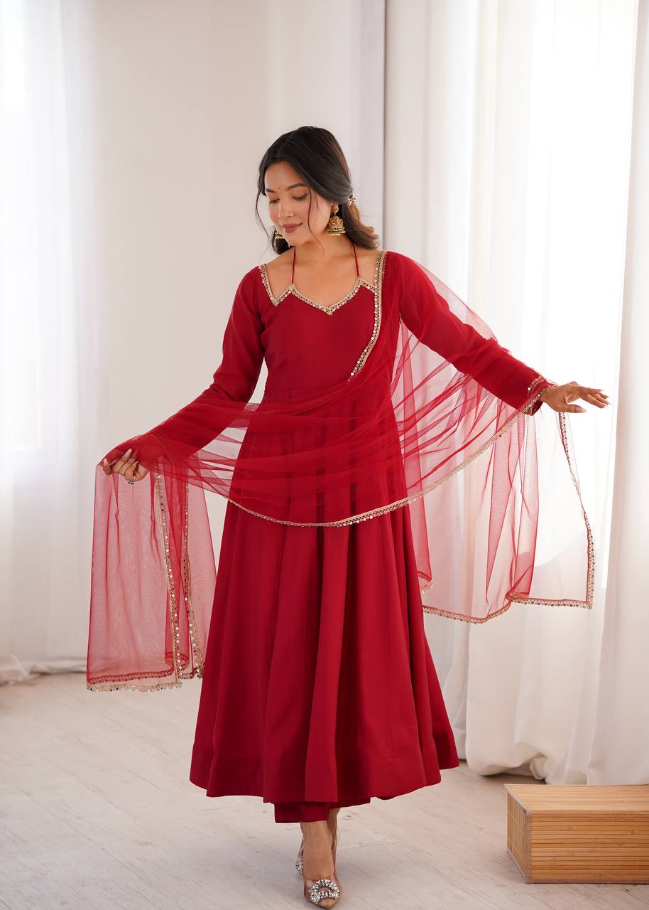 Red Color Romasilk With Fancy Lace Pettern Work Anarkali