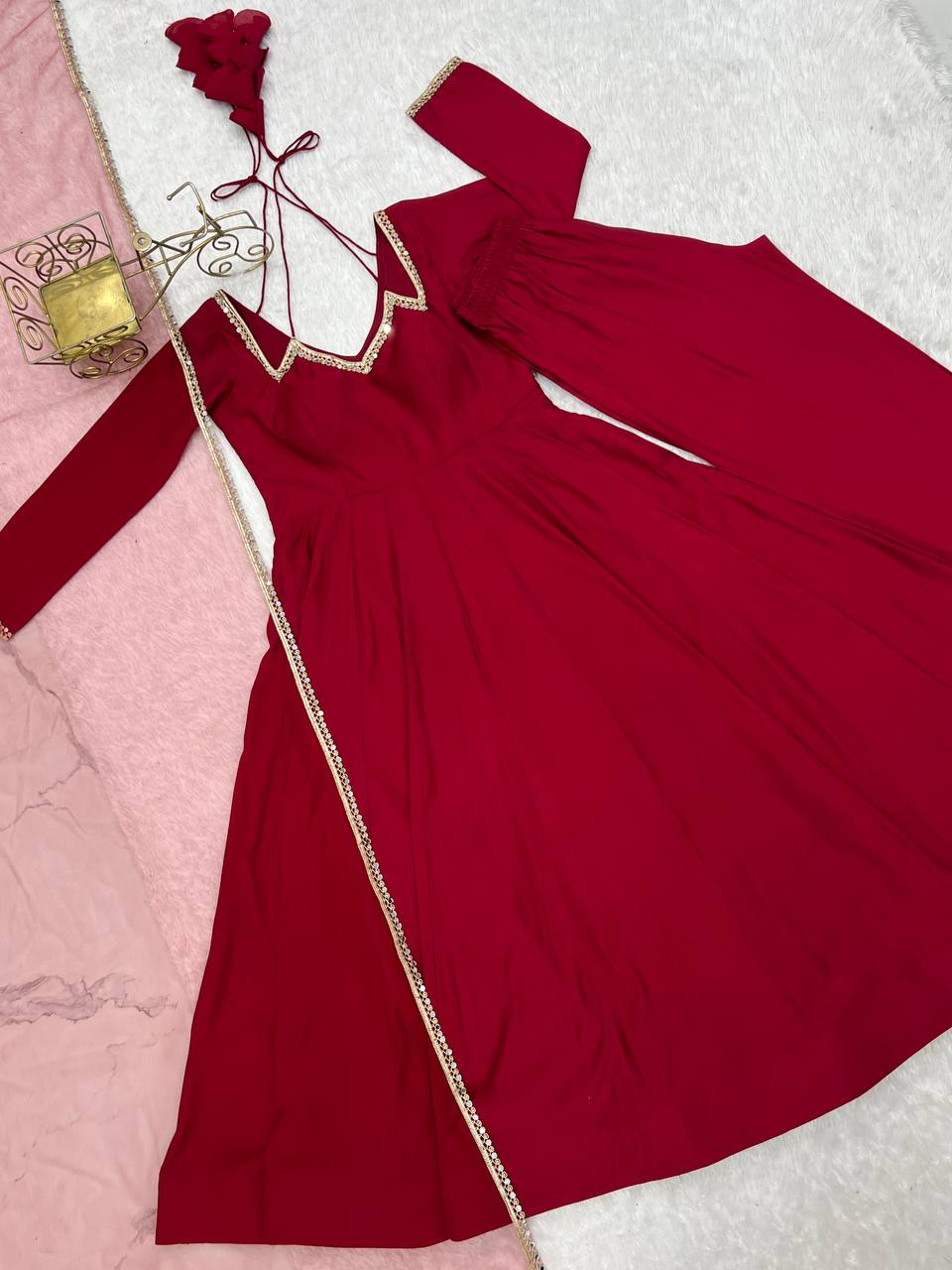 Red Color Romasilk With Fancy Lace Pettern Work Anarkali