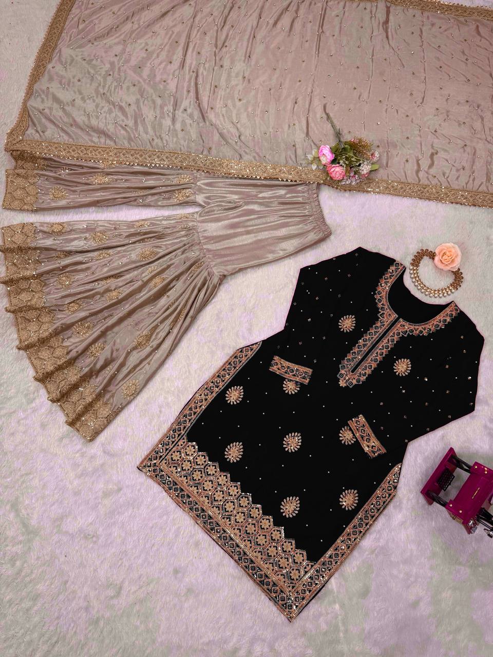 Beautifull Chinon Silk With Coding sequience Work Top Sharara
