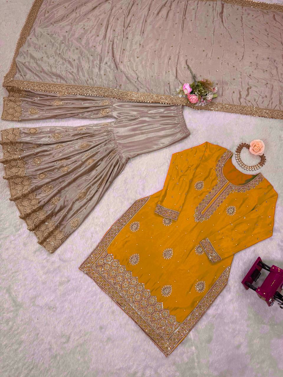 Beautifull Chinon Silk With Coding sequience Work Top Sharara