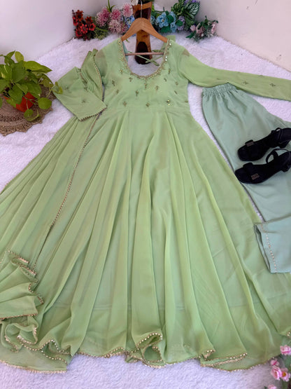 Pista Color Georgette With Hand Mirror Work Gown