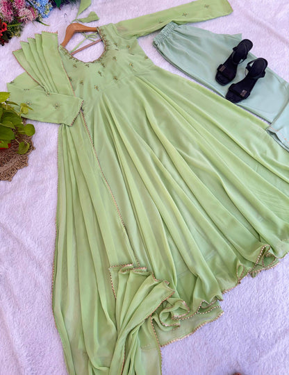 Pista Color Georgette With Hand Mirror Work Gown