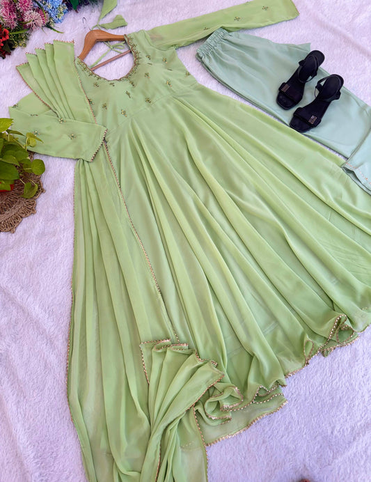 Pista Color Georgette With Hand Mirror Work Gown