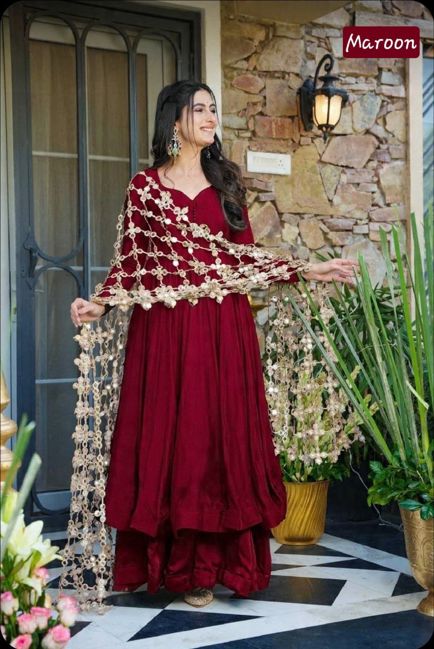 Beautifull Roman Silk With Fancy Color Anarkali Set