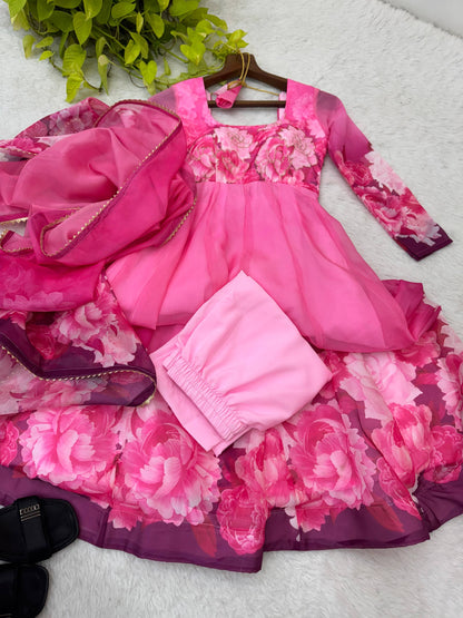 Beautifull PInk Color Taby Silk With Digital Print Work Gown