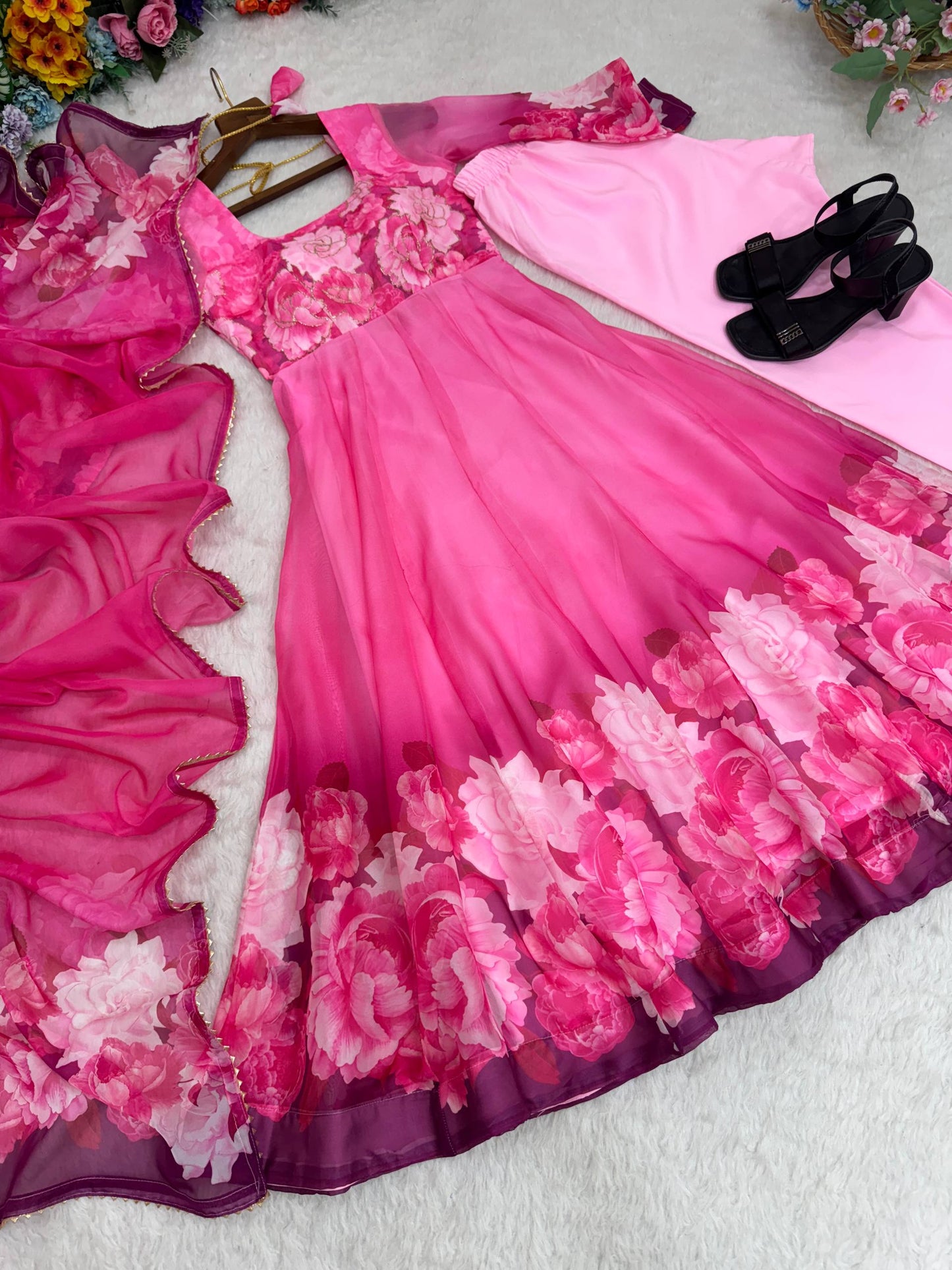 Beautifull PInk Color Taby Silk With Digital Print Work Gown
