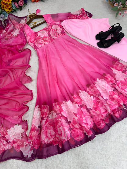 Beautifull PInk Color Taby Silk With Digital Print Work Gown