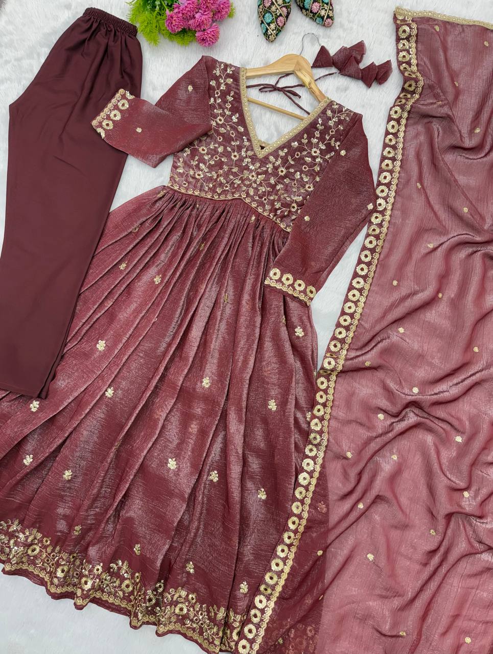 Beautifull Maroon Color Crunchy With Sequience Work Top Pent