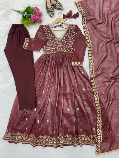 Beautifull Maroon Color Crunchy With Sequience Work Top Pent