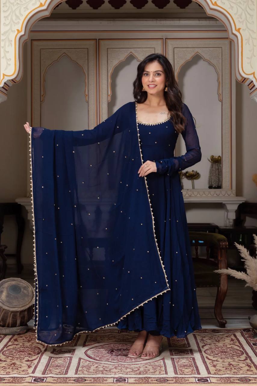Title Navy Color Gorgette With Hand Work Anarkali