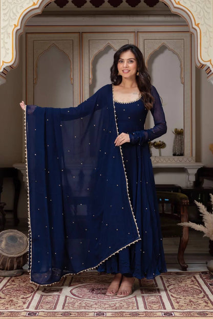 Title Navy Color Gorgette With Hand Work Anarkali