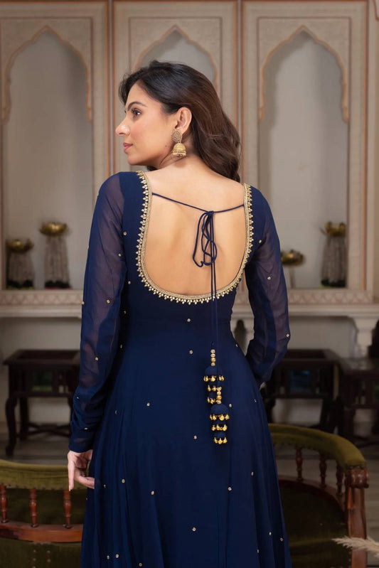 Title Navy Color Gorgette With Hand Work Anarkali