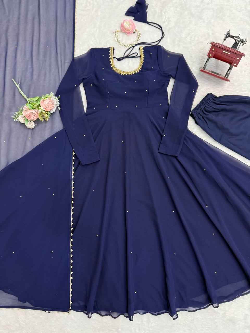 Title Navy Color Gorgette With Hand Work Anarkali