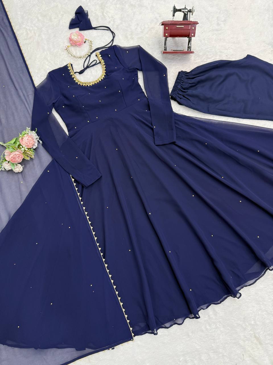 Title Navy Color Gorgette With Hand Work Anarkali