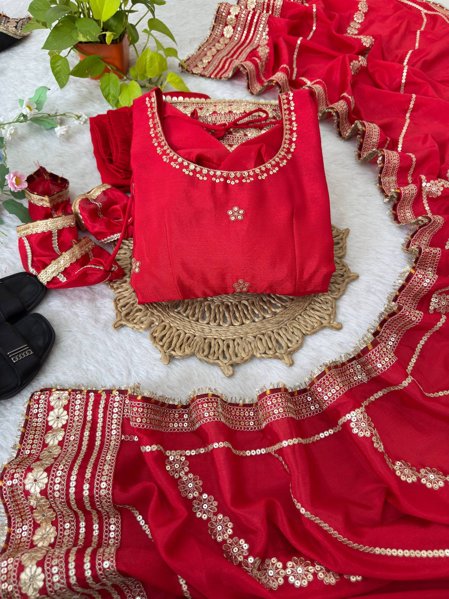 Beautifull Red Color Chinon Silk With Embroidery Work Gown