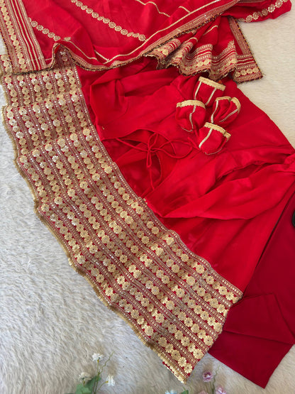 Beautifull Red Color Chinon Silk With Embroidery Work Gown