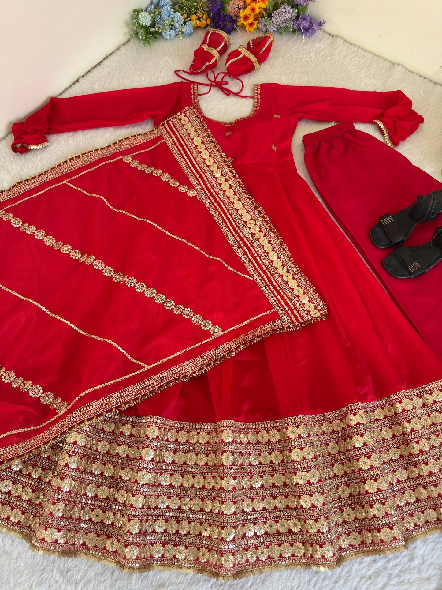 Beautifull Red Color Chinon Silk With Embroidery Work Gown