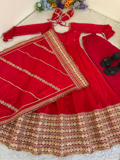 Beautifull Red Color Chinon Silk With Embroidery Work Gown