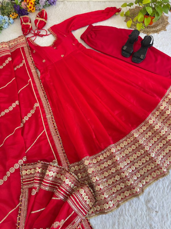 Beautifull Red Color Chinon Silk With Embroidery Work Gown