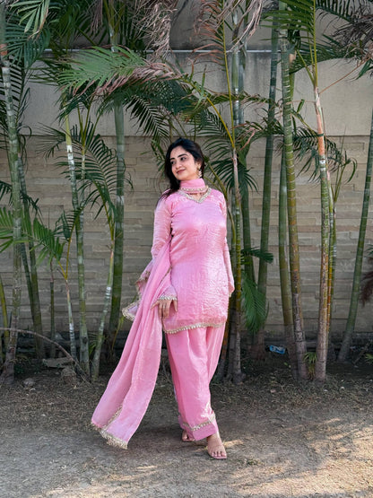 Beautifull Pink Color Satin Silk With Hand Made Real Mirror Work Top Pent