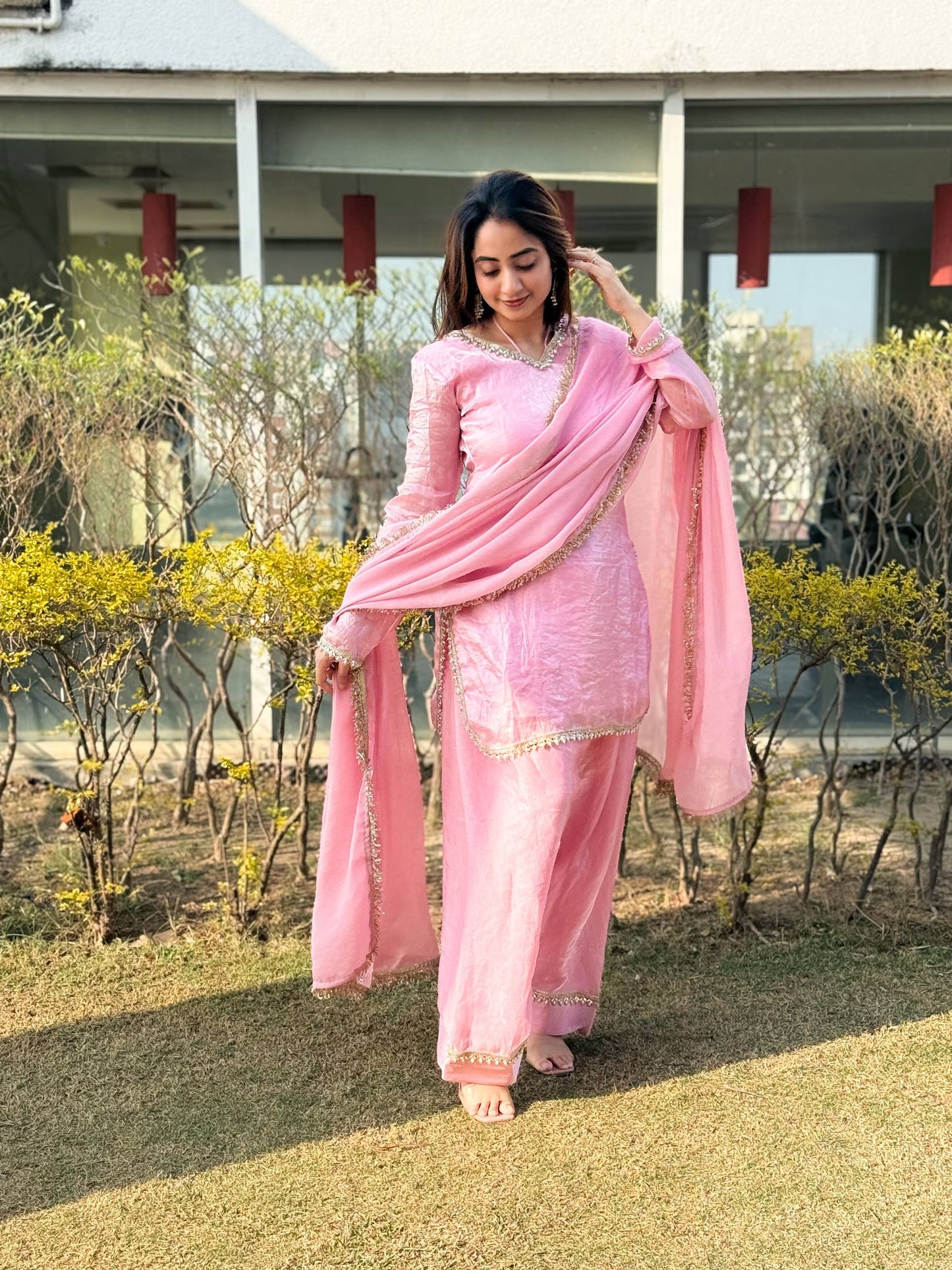 Beautifull Pink Color Satin Silk With Hand Made Real Mirror Work Top Pent