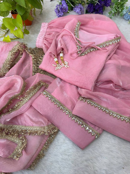 Beautifull Pink Color Satin Silk With Hand Made Real Mirror Work Top Pent