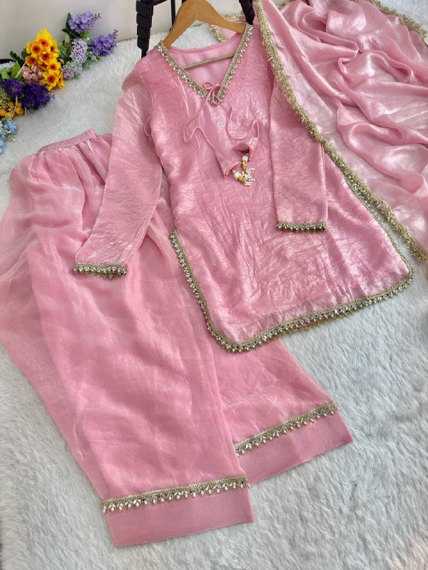 Beautifull Pink Color Satin Silk With Hand Made Real Mirror Work Top Pent