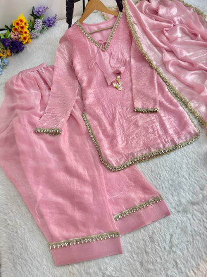 Beautifull Pink Color Satin Silk With Hand Made Real Mirror Work Top Pent