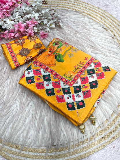Beautiful Soft Rich Satin Silk With Digital Print & Khatli Work Saree