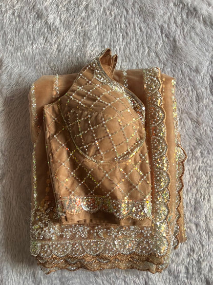 Soft Net Beads Pearl Work Saree Set