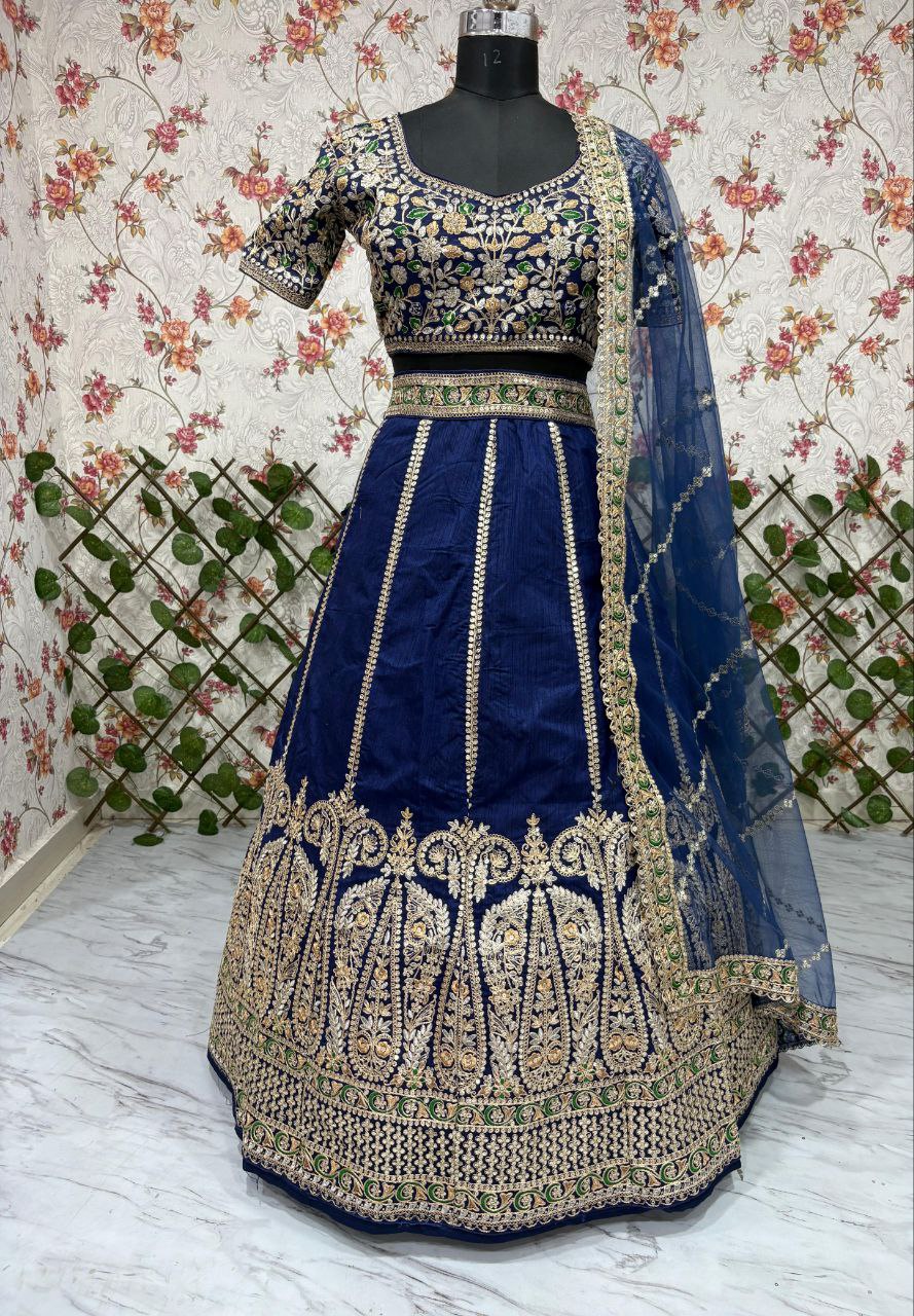 Premium Heavy Slub Silk With Beautiful Thread Embroidery Work Lehenga