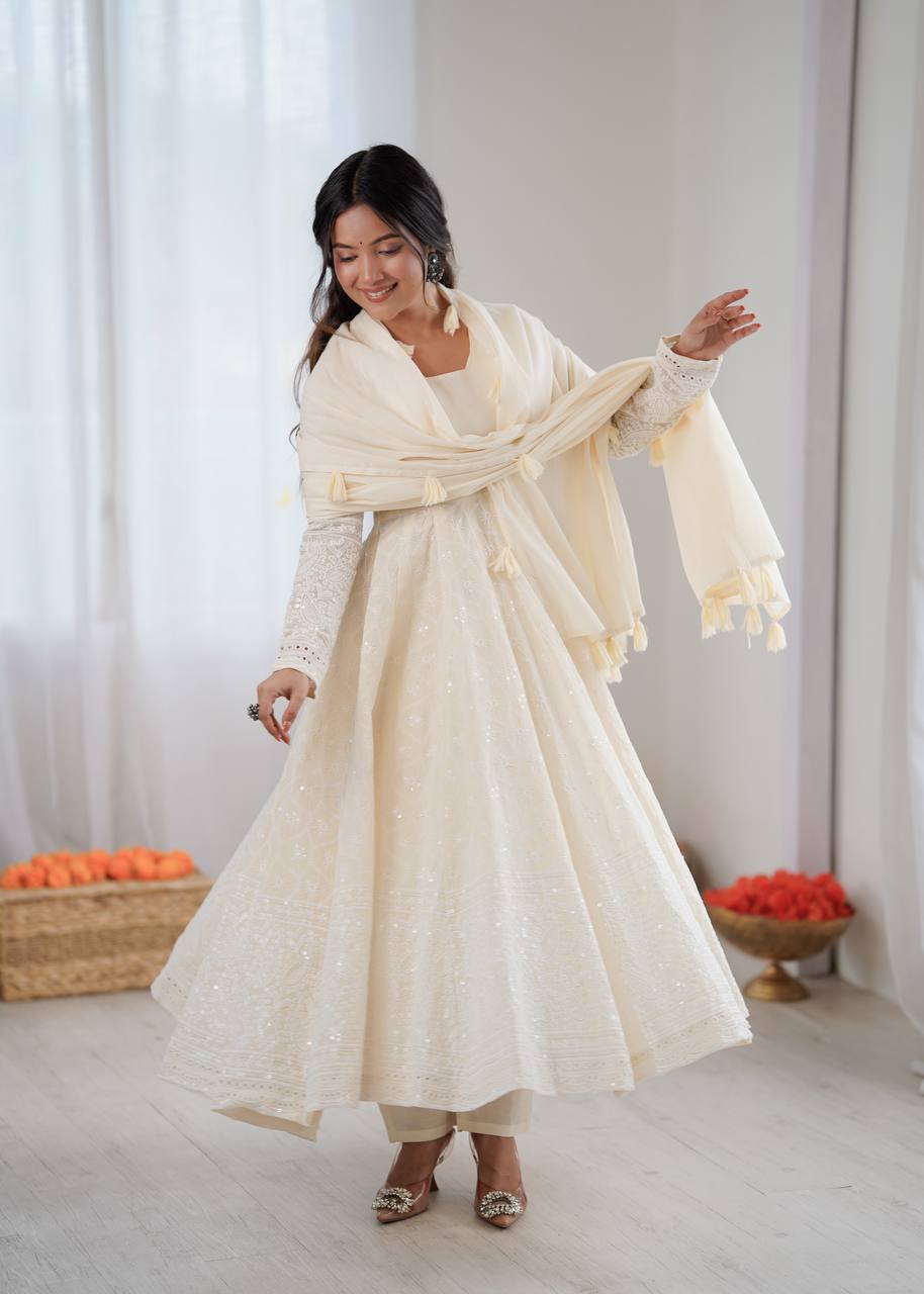 Beautiful Pure Kora Cotton Anarkali Suit With Schiffli Embroidery Work