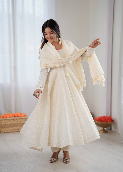 Beautiful Pure Kora Cotton Anarkali Suit With Schiffli Embroidery Work