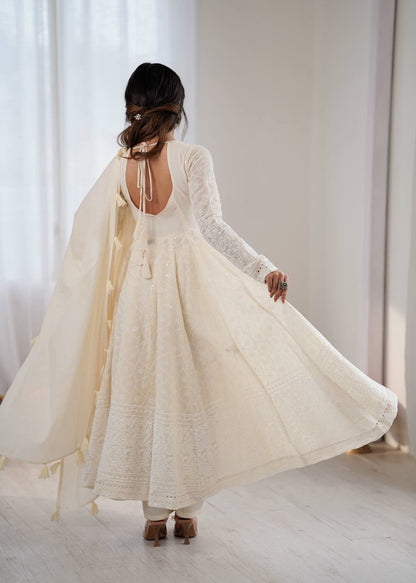 Beautiful Pure Kora Cotton Anarkali Suit With Schiffli Embroidery Work