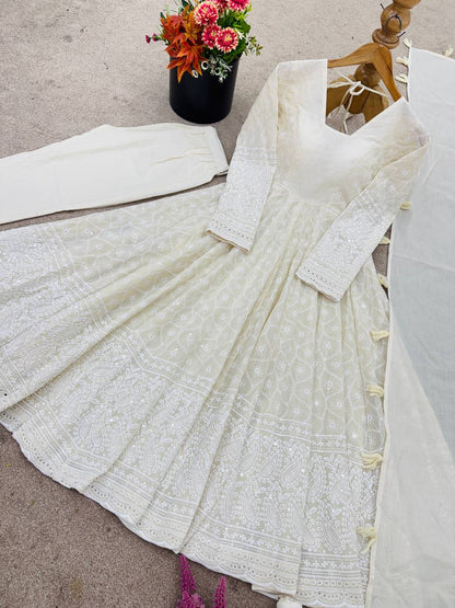 Beautiful Pure Kora Cotton Anarkali Suit With Schiffli Embroidery Work