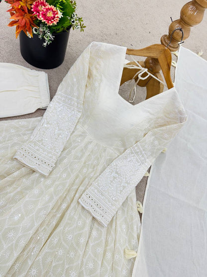 Beautiful Pure Kora Cotton Anarkali Suit With Schiffli Embroidery Work