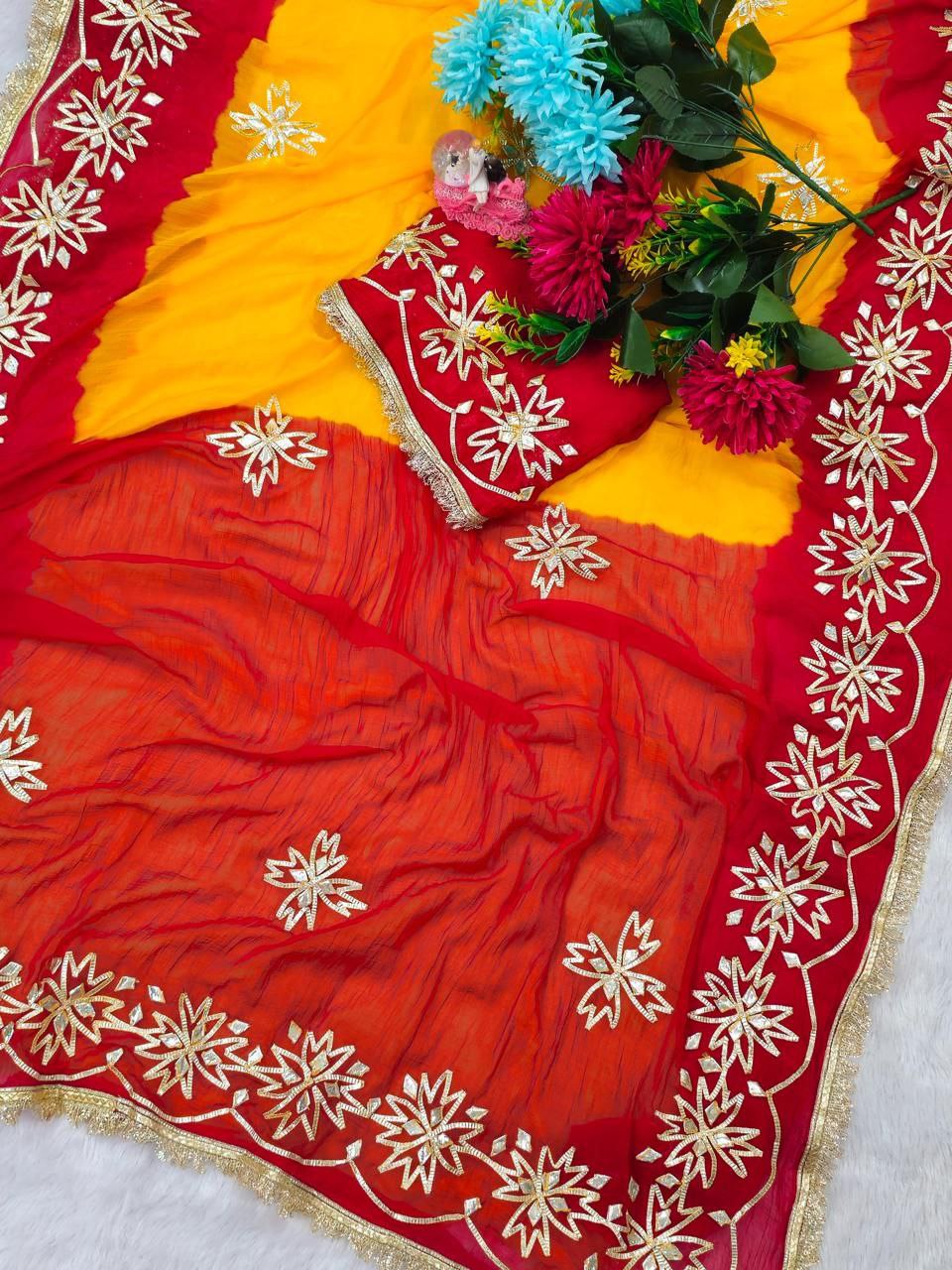 Beautifull Pure Chiffon With Kachhi Gotta Work Saree