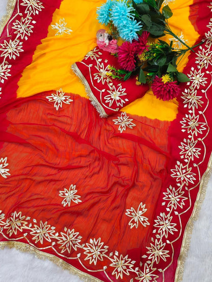 Beautifull Pure Chiffon With Kachhi Gotta Work Saree