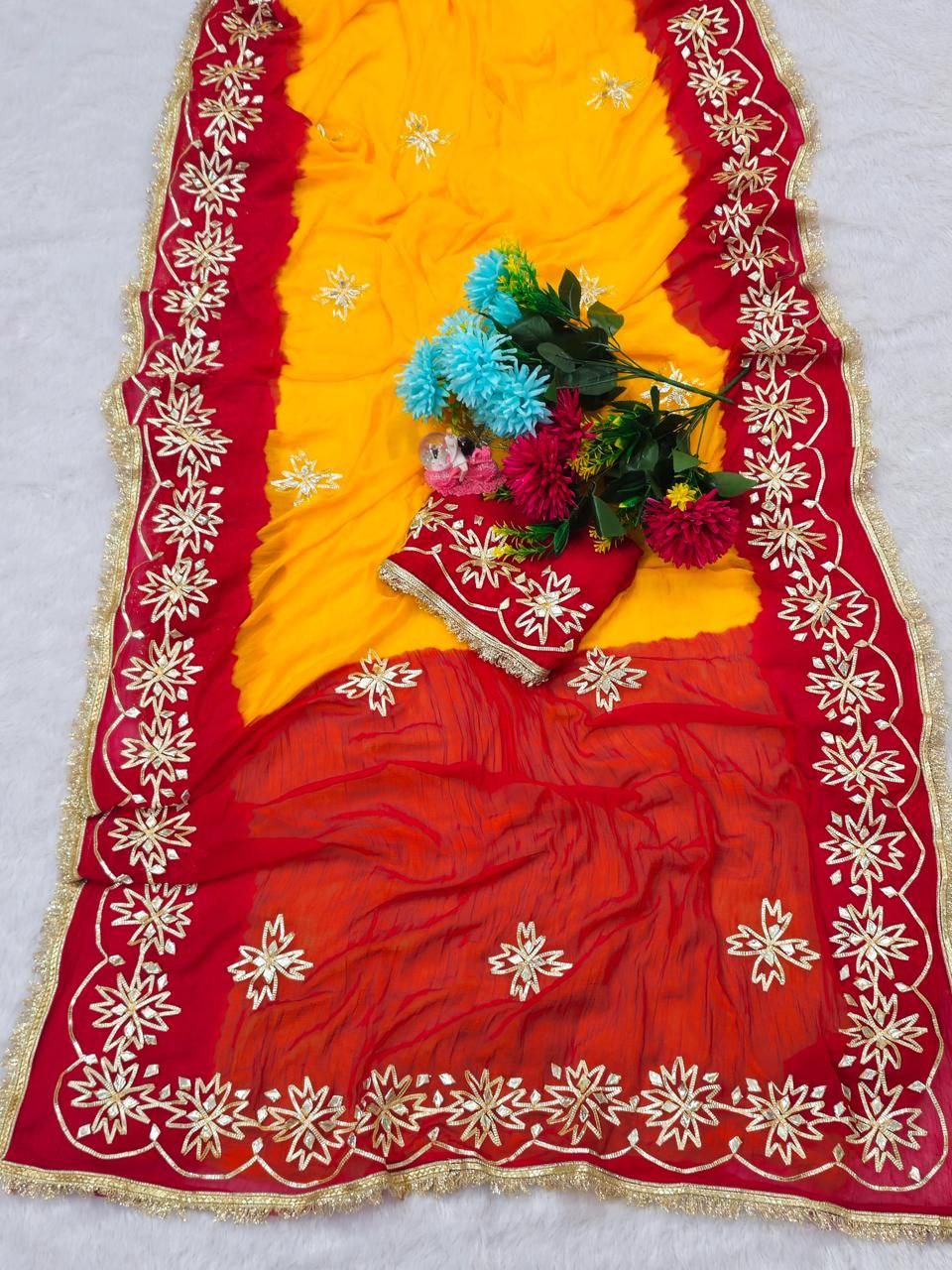 Beautifull Pure Chiffon With Kachhi Gotta Work Saree