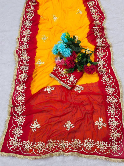 Beautifull Pure Chiffon With Kachhi Gotta Work Saree