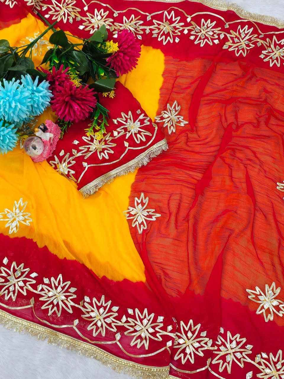 Beautifull Pure Chiffon With Kachhi Gotta Work Saree