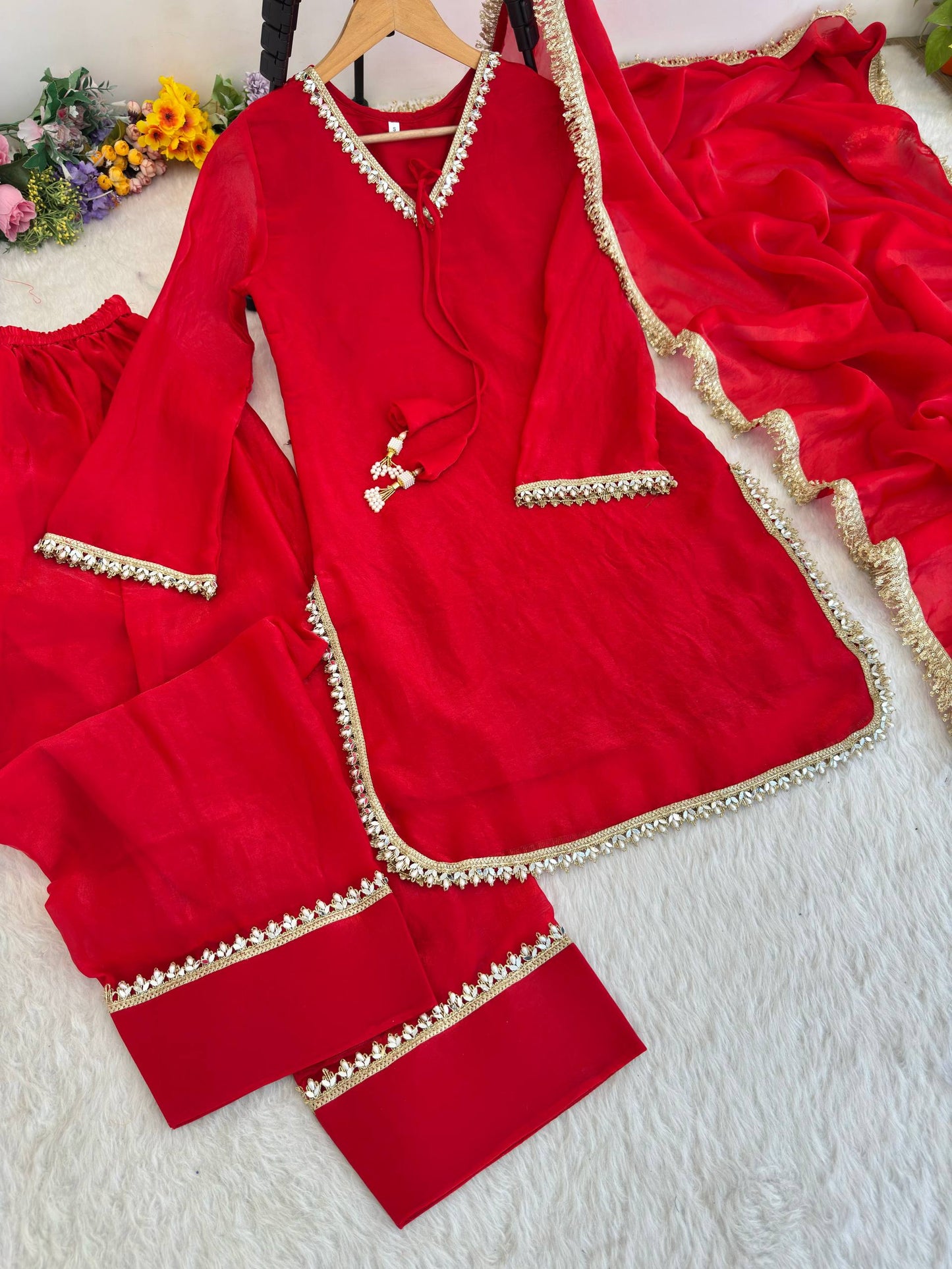 Beautifull Pink Color Satin Silk With Hand Made Real Mirror Work Top Pent