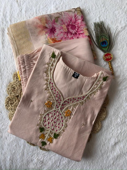 Beige Color Roman Silk With Hand Work Top Pent